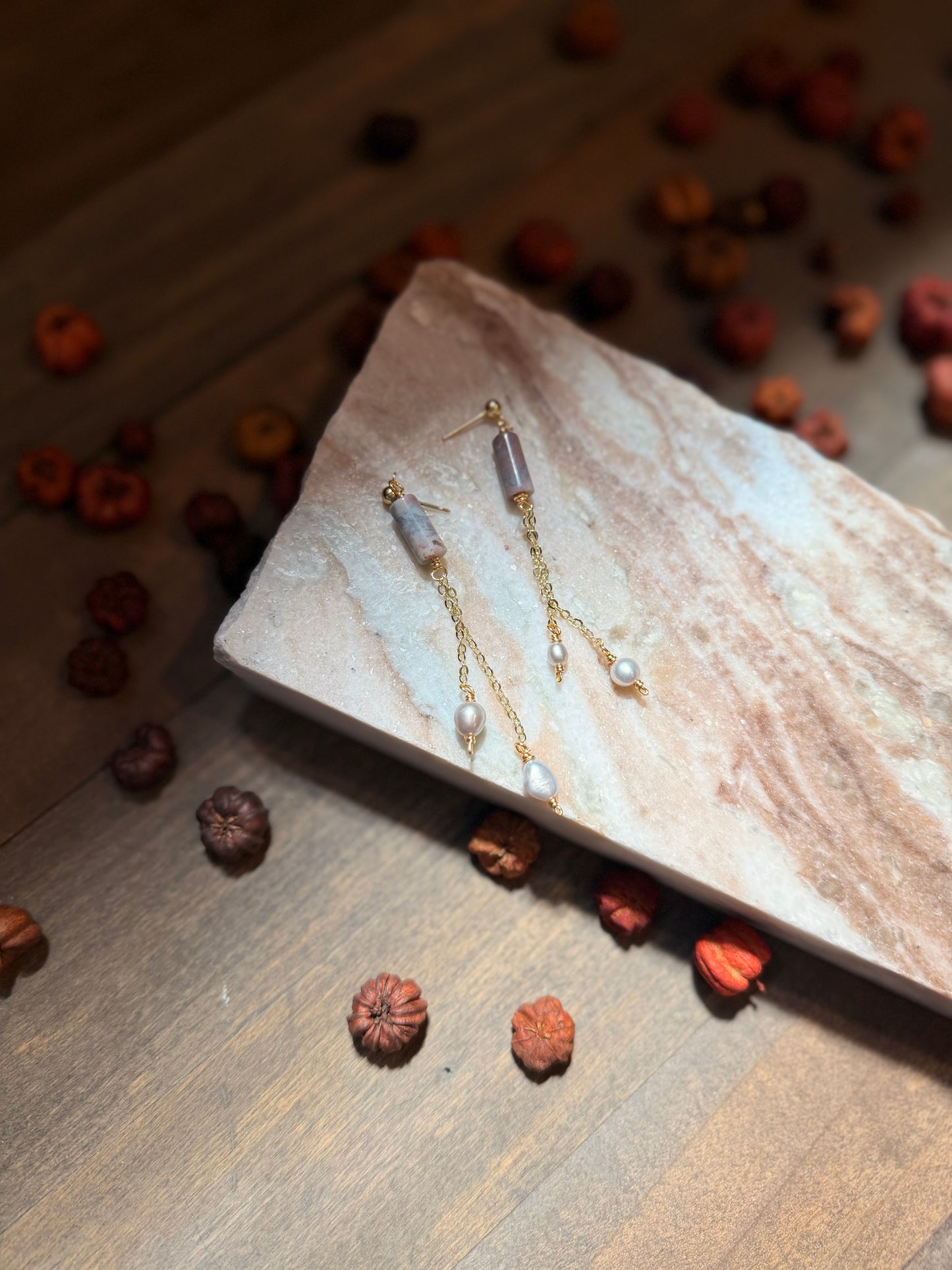 Gold Ocean Jasper and Pearl Dangles