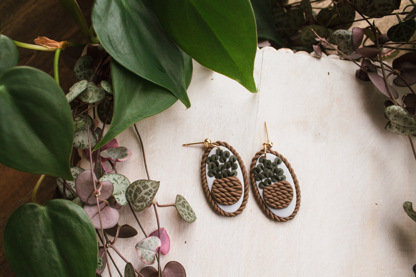 Woven Basket Plant Oval Earrings