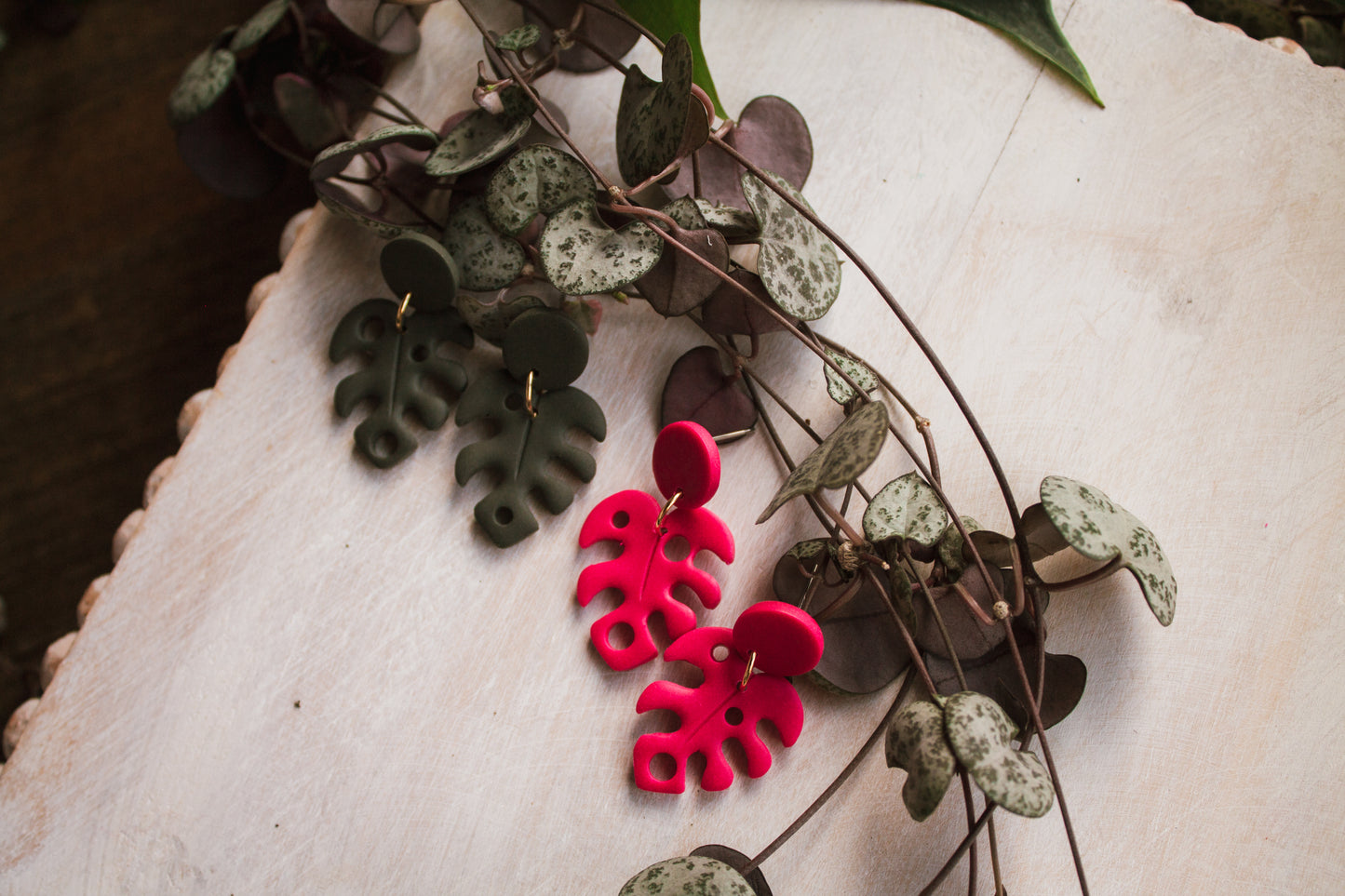 Pink or Green Monstera Earrings