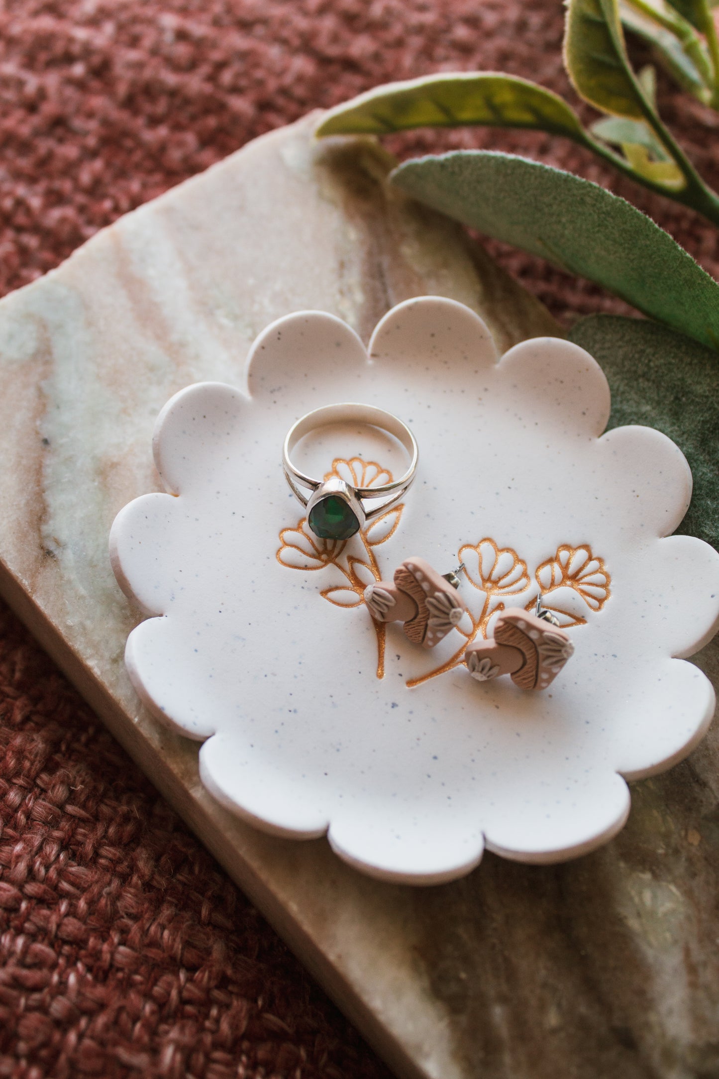 Speckled White Floral Jewelry Dish