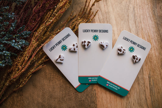 Brown and White Cow Print Heart Studs *Made to order