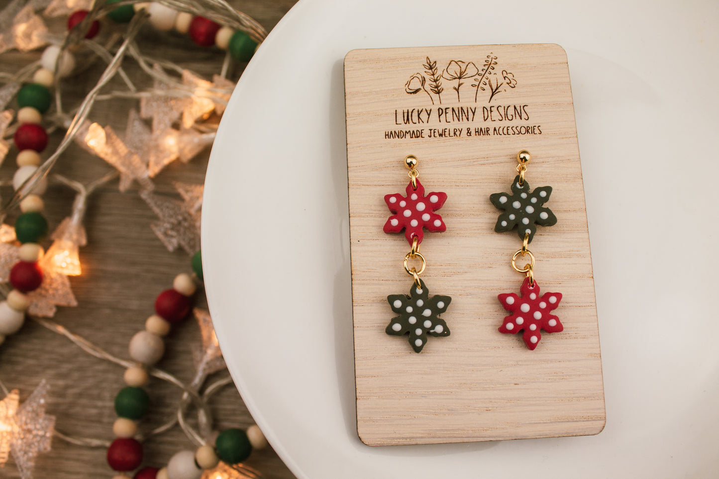 Green and Red Snowflake Dangle Earrings