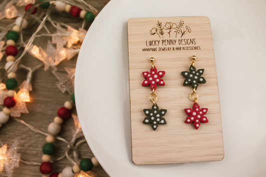 Green and Red Snowflake Dangle Earrings