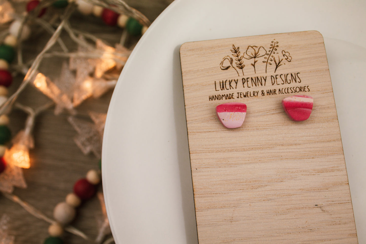 Red, Pink and White Marbled Trapezoid Studs