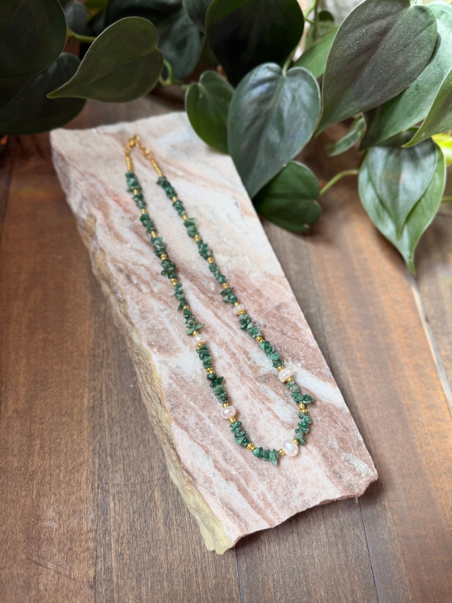 Green Aventurine and Pearl Beaded Necklace