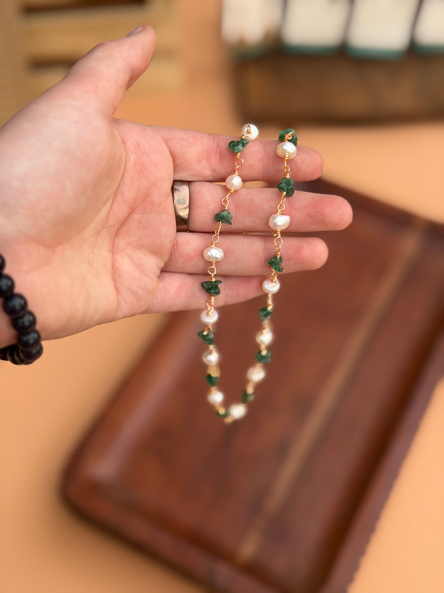 Green Adventurine and Pearl Beaded Necklace