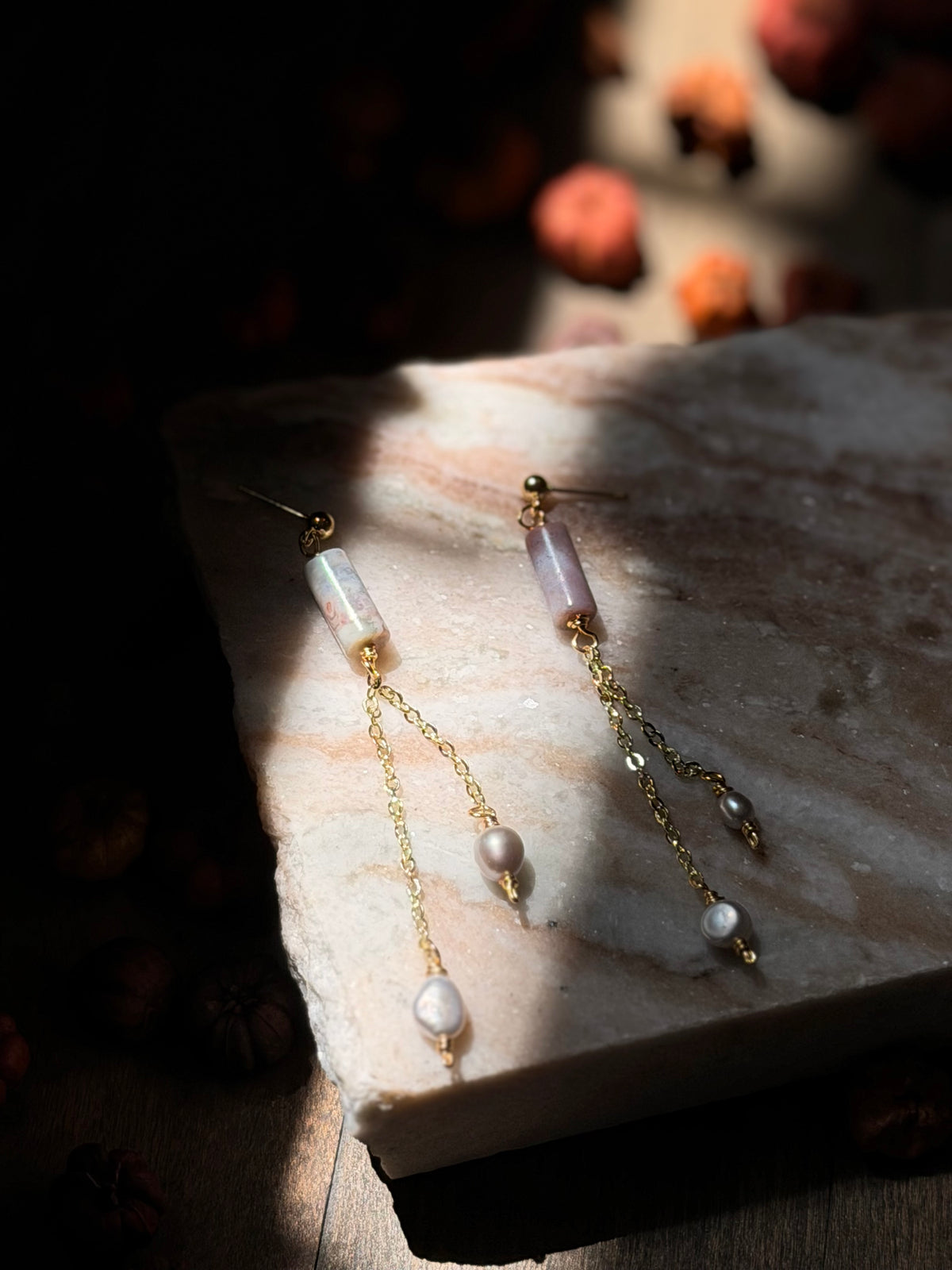 Gold Ocean Jasper and Pearl Dangles