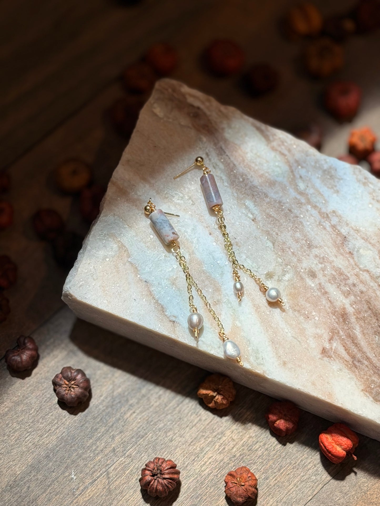 Gold Ocean Jasper and Pearl Dangles