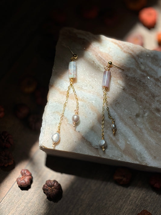 Gold Ocean Jasper and Pearl Dangles
