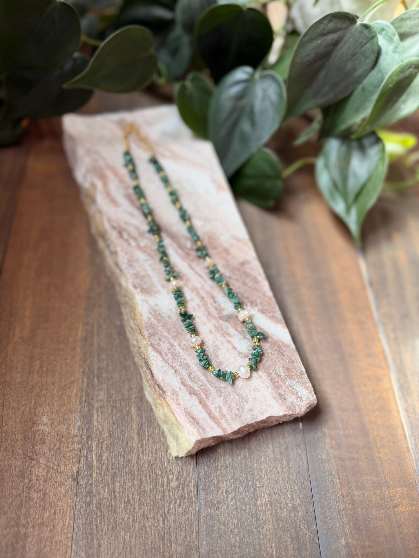 Green Aventurine and Pearl Beaded Necklace