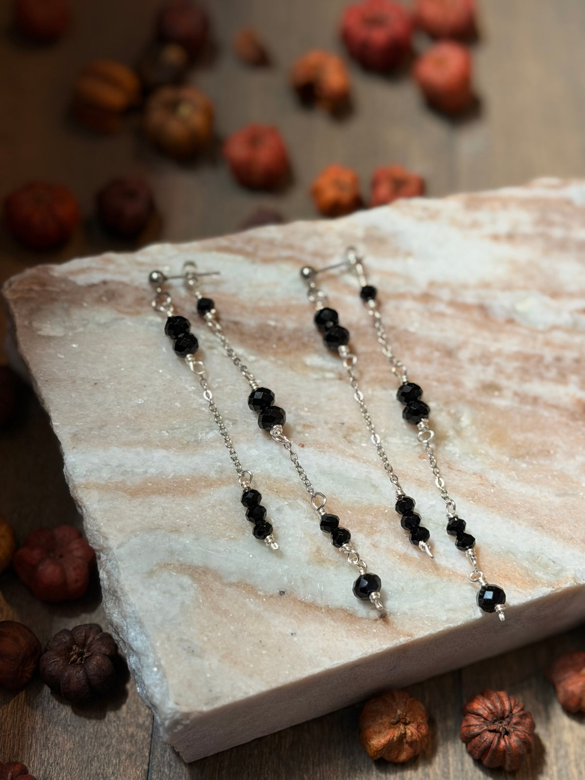 Black Crystal Double Chain Earrings