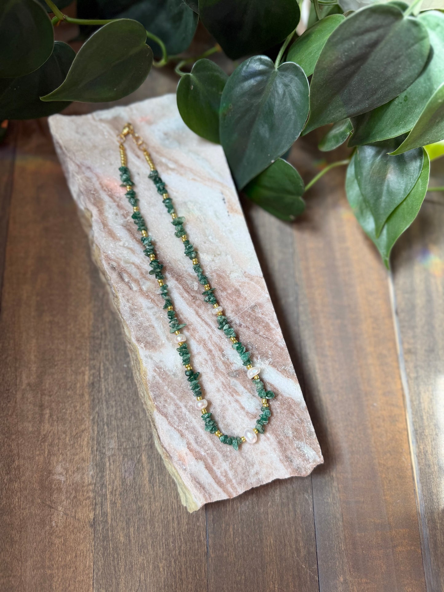 Green Aventurine and Pearl Beaded Necklace