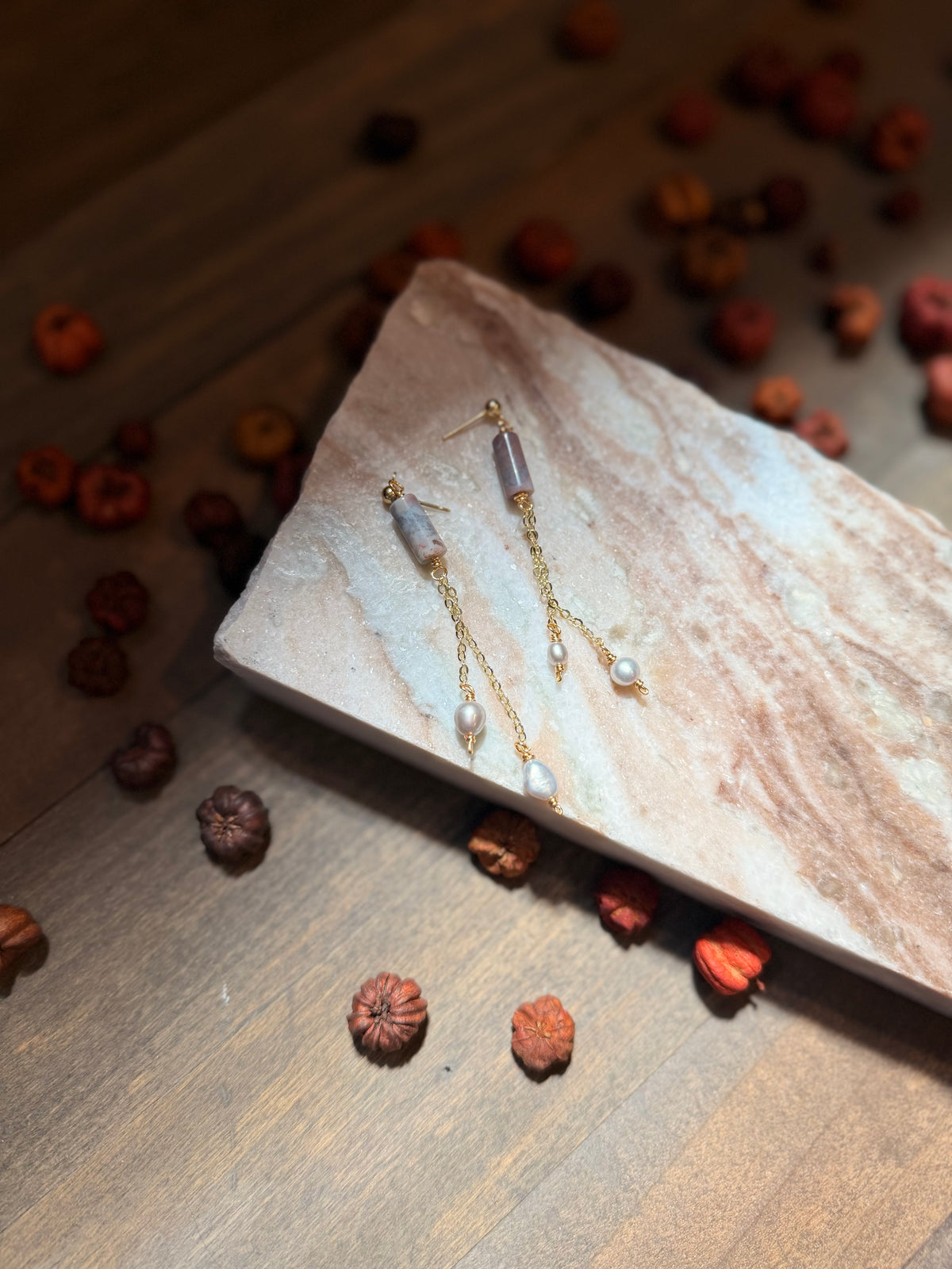 Gold Ocean Jasper and Pearl Dangles