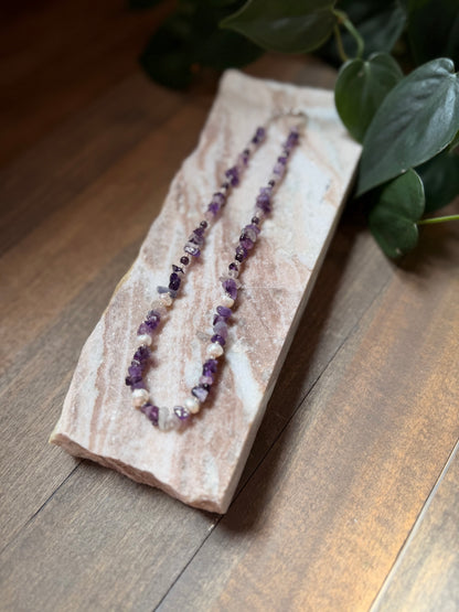 Rainbow Fluorite and Pearl Beaded Necklace