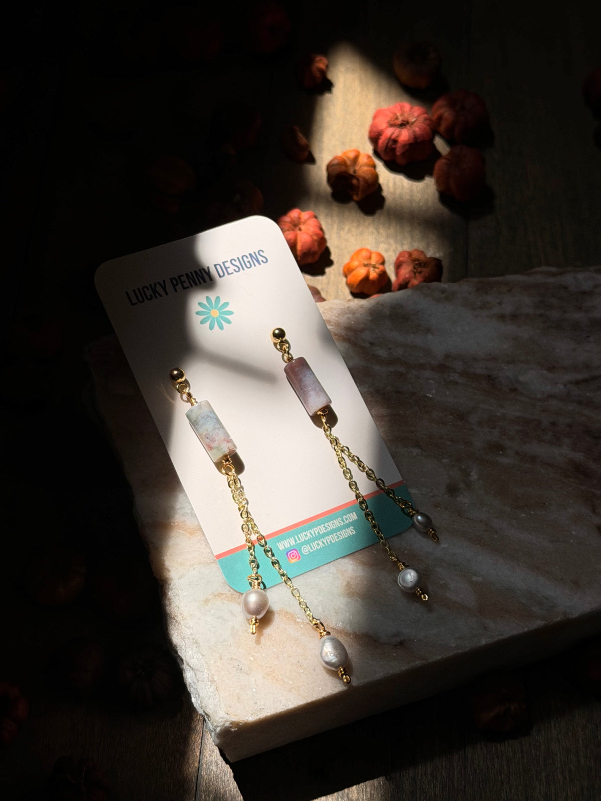 Gold Ocean Jasper and Pearl Dangles