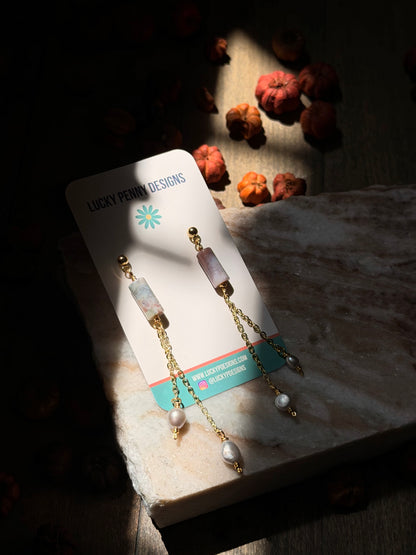Gold Ocean Jasper and Pearl Dangles