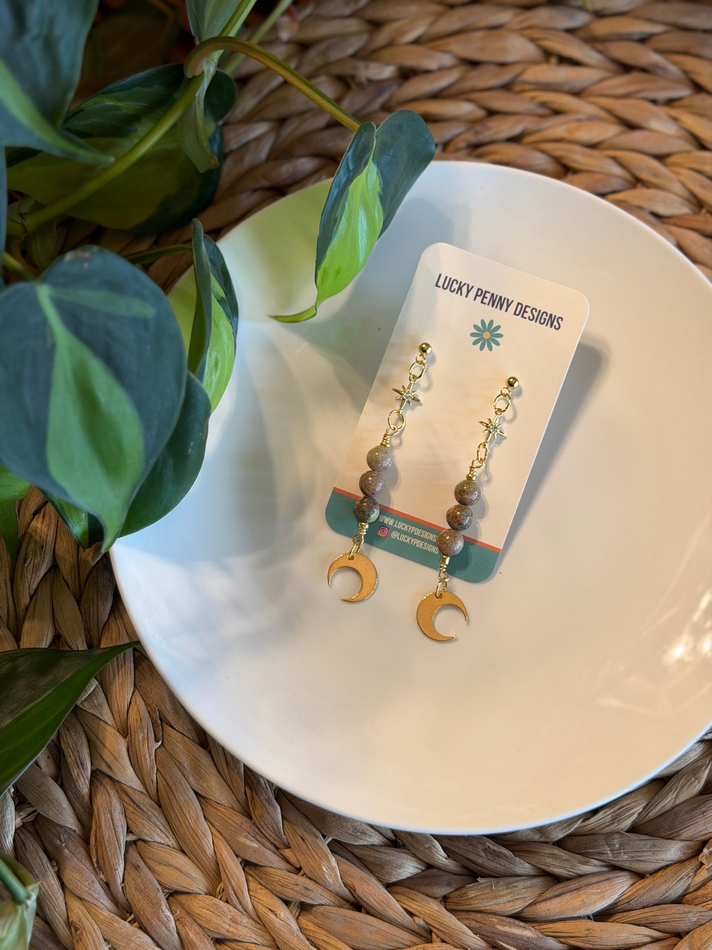 Brown Gemstone Moon Dangles