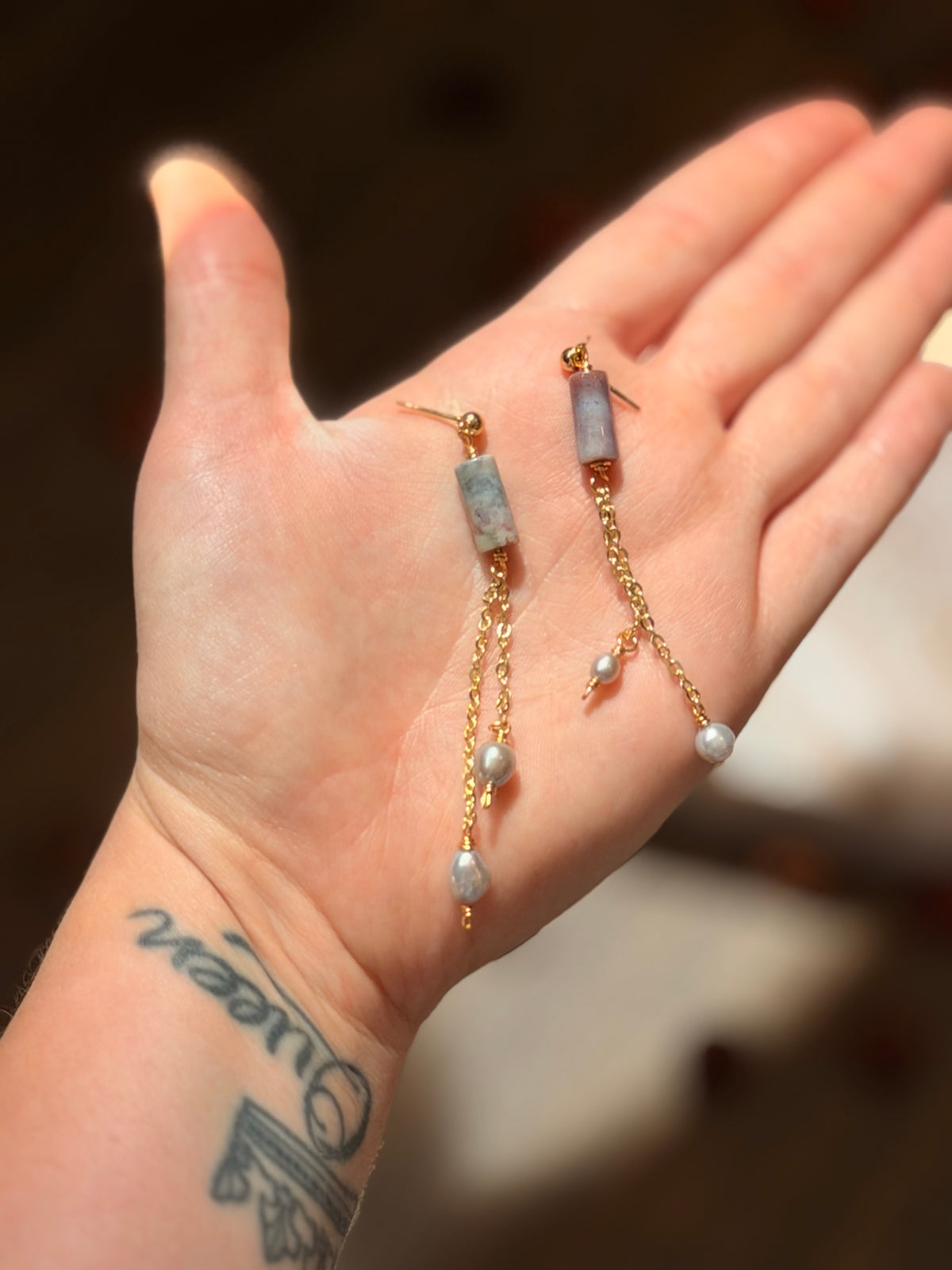 Gold Ocean Jasper and Pearl Dangles