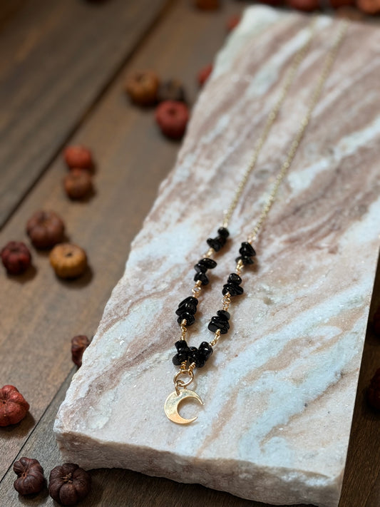 Obsidian Chip Moon Necklace