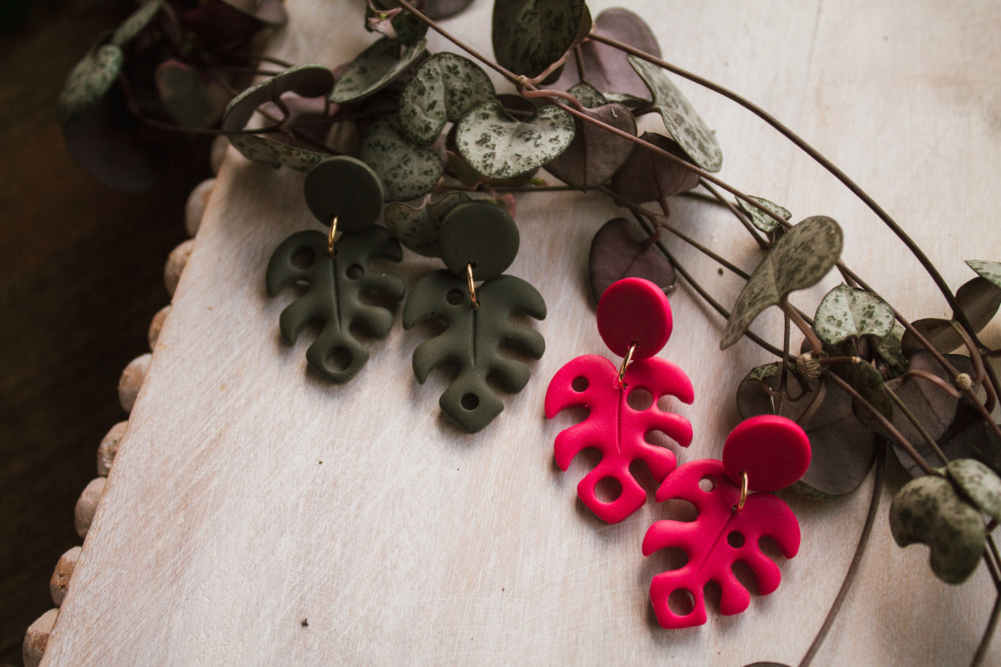 Pink or Green Monstera Earrings