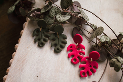 Pink or Green Monstera Earrings