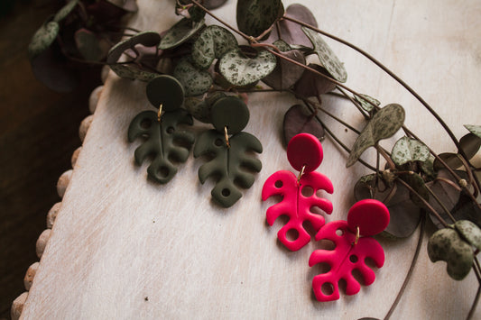 Pink or Green Monstera Earrings
