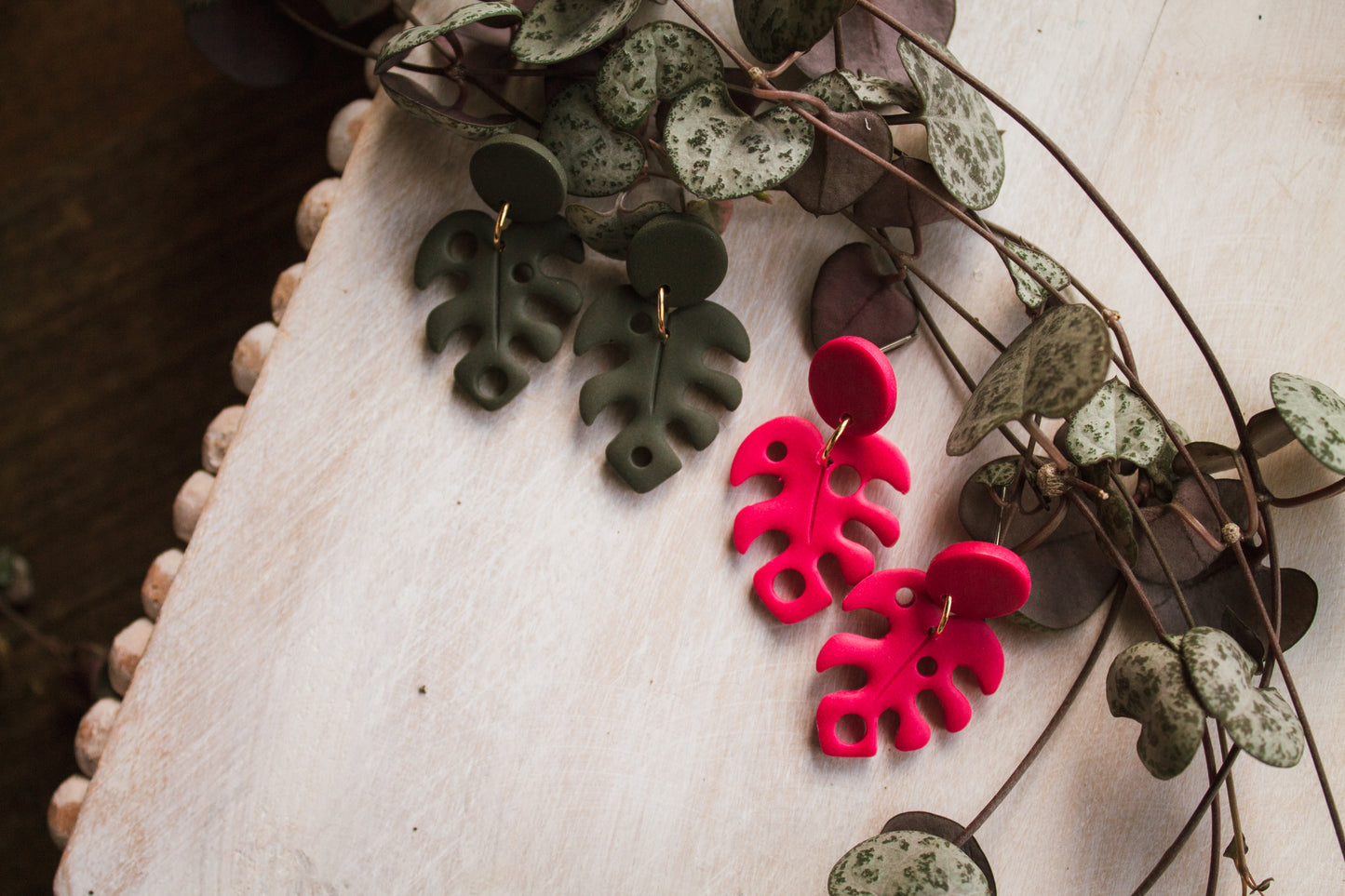 Pink or Green Monstera Earrings