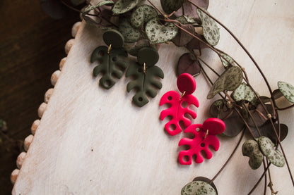 Pink or Green Monstera Earrings