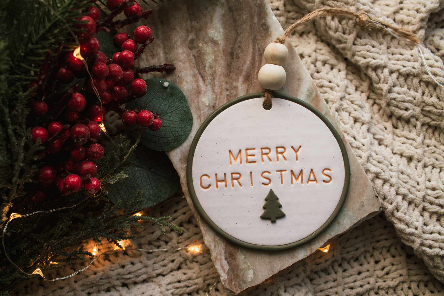 White and Green Merry Christmas Ornament