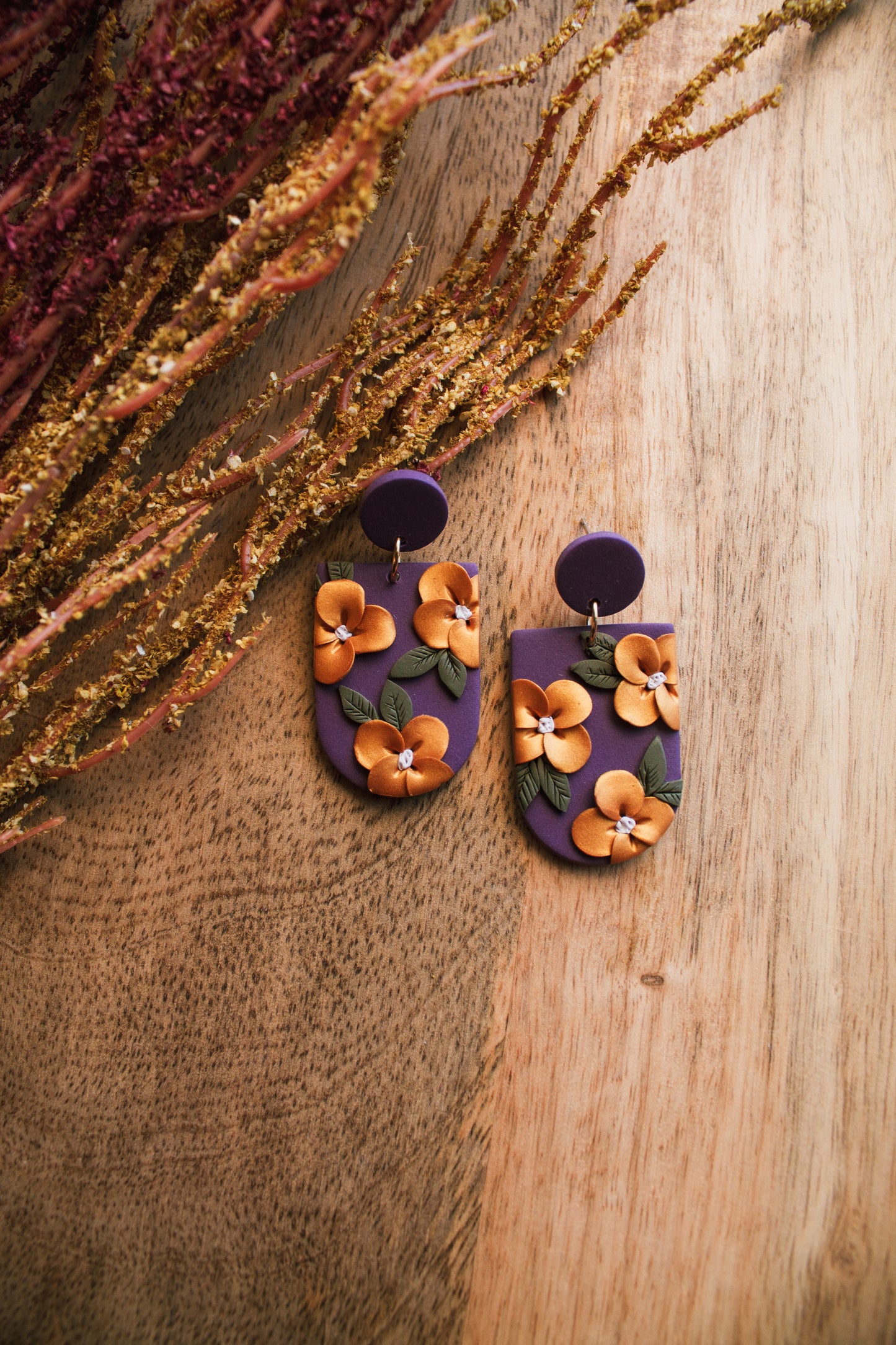 Purple and Gold Floral Dangle Earrings