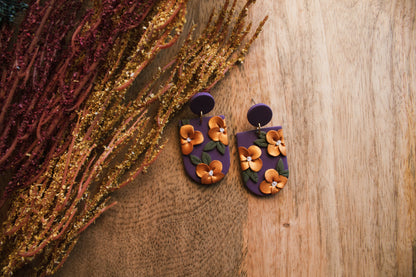 Purple and Gold Floral Dangle Earrings