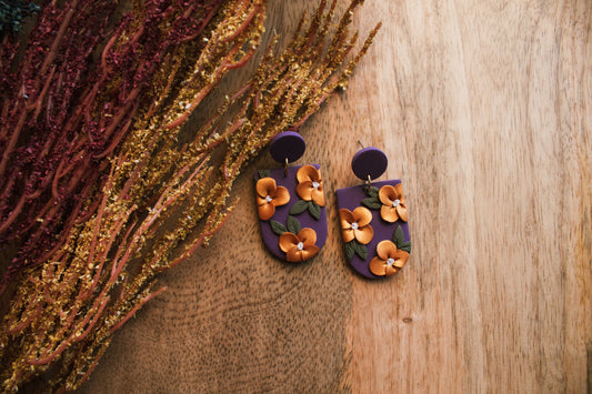 Purple and Gold Floral Dangle Earrings