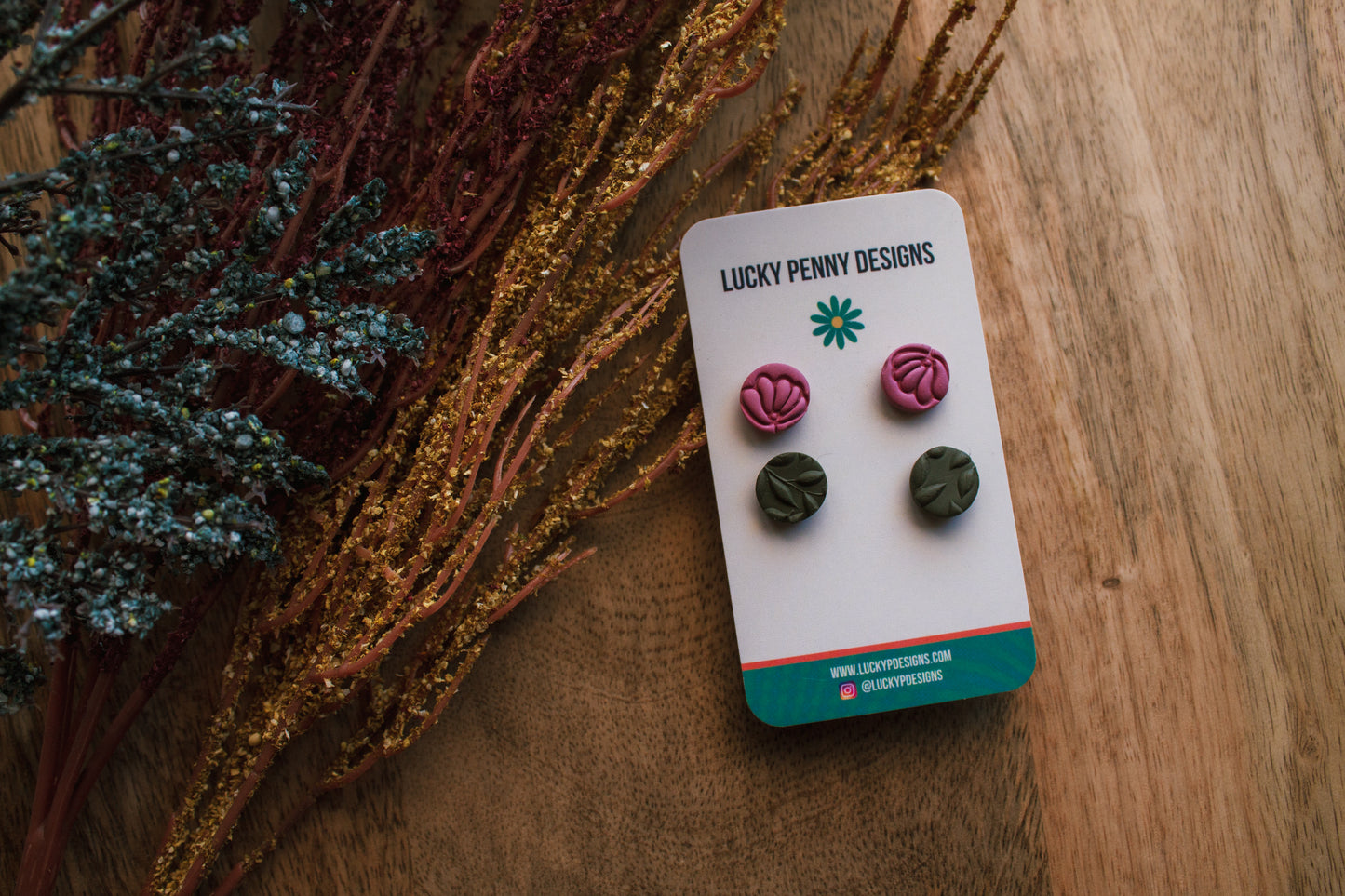 Pink Floral Imprint Studs with Green Studs