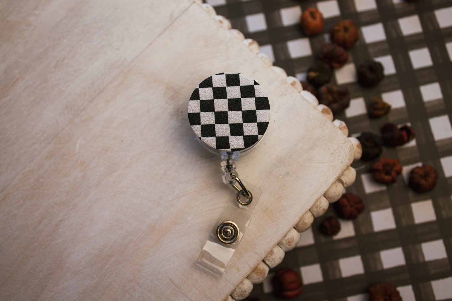 Black and White Checkered Badge Reel