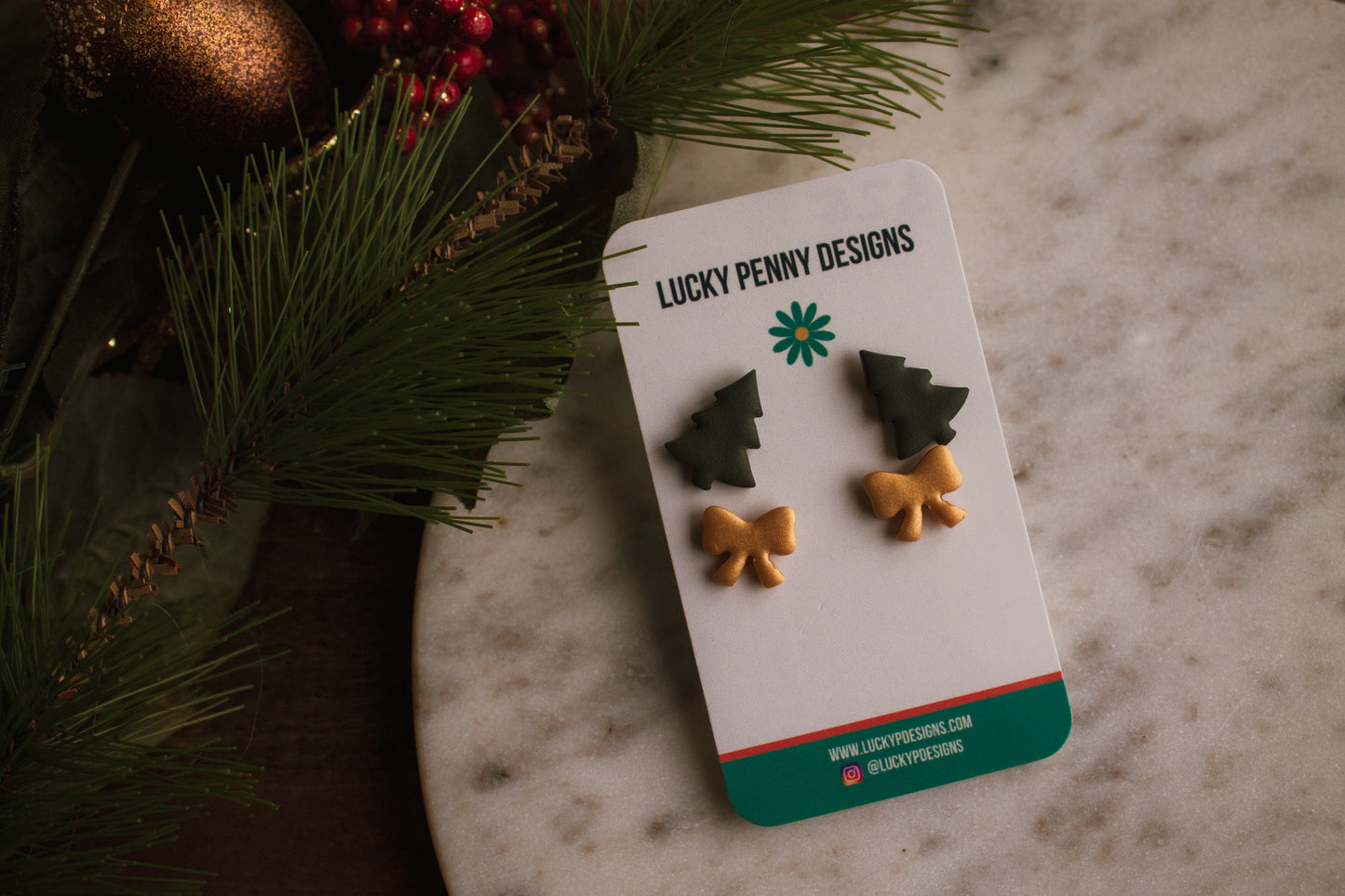 Gold Bows and Christmas Tree Stud Duo