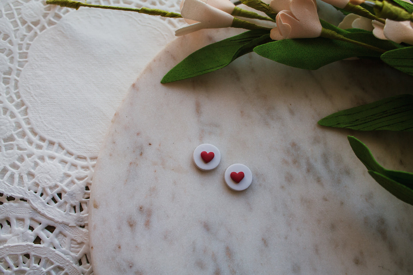 White and Red Heart Studs