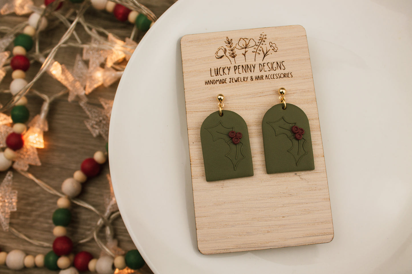 Evergreen Tombstone Earrings with Holly Berries
