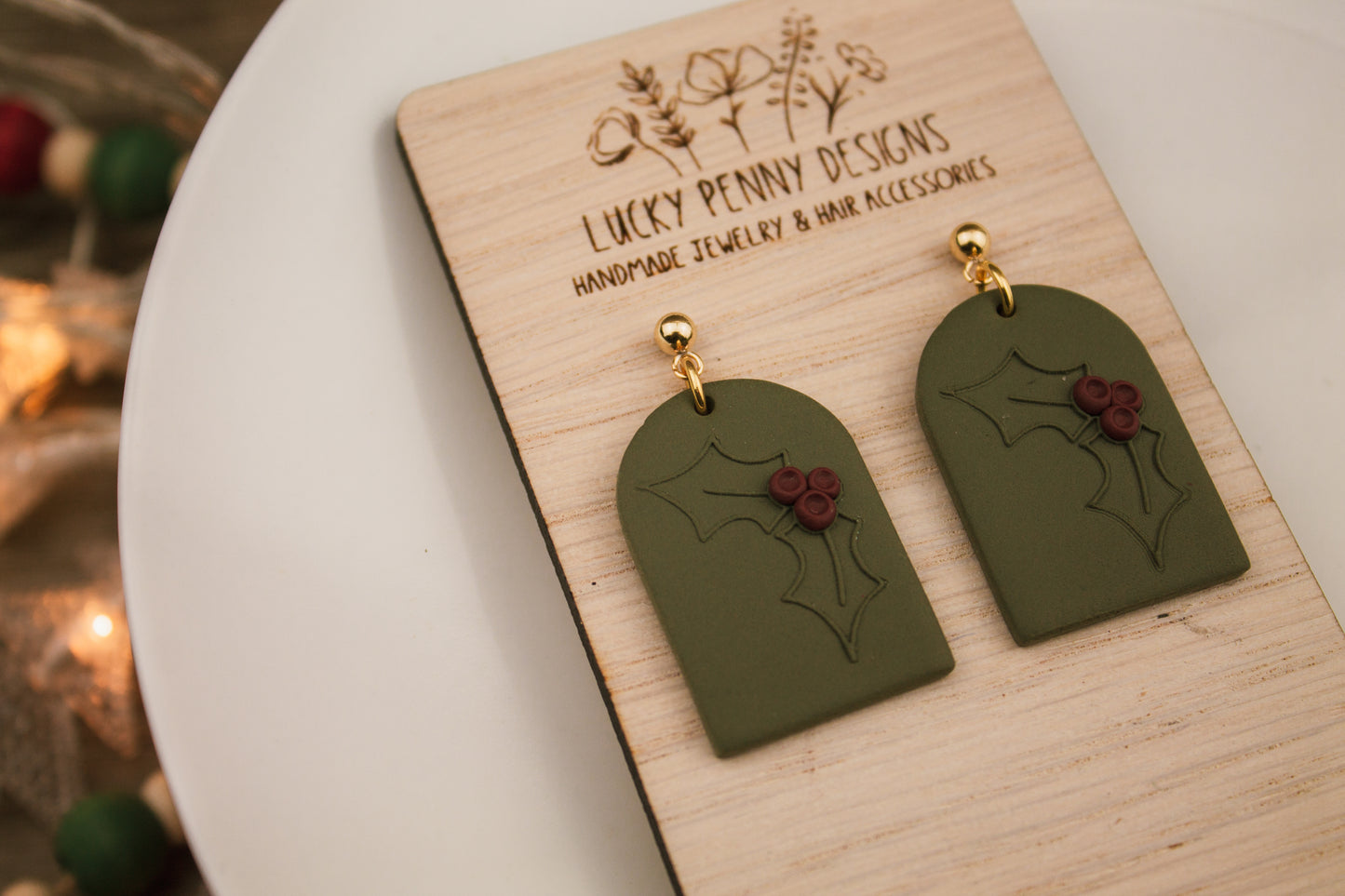Evergreen Tombstone Earrings with Holly Berries